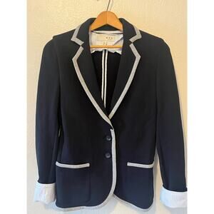 Women's MNG by Mango Black Cotton Work Blazer Jacket with Grey Trim Size Small